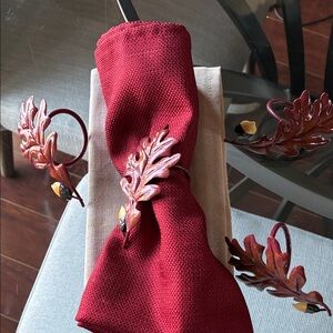Red Napkin with Leaf Napkin Rings